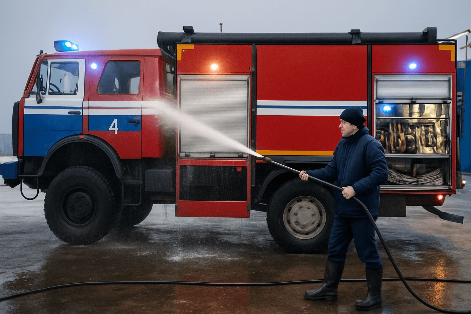 Professional technician with fire truck equipment